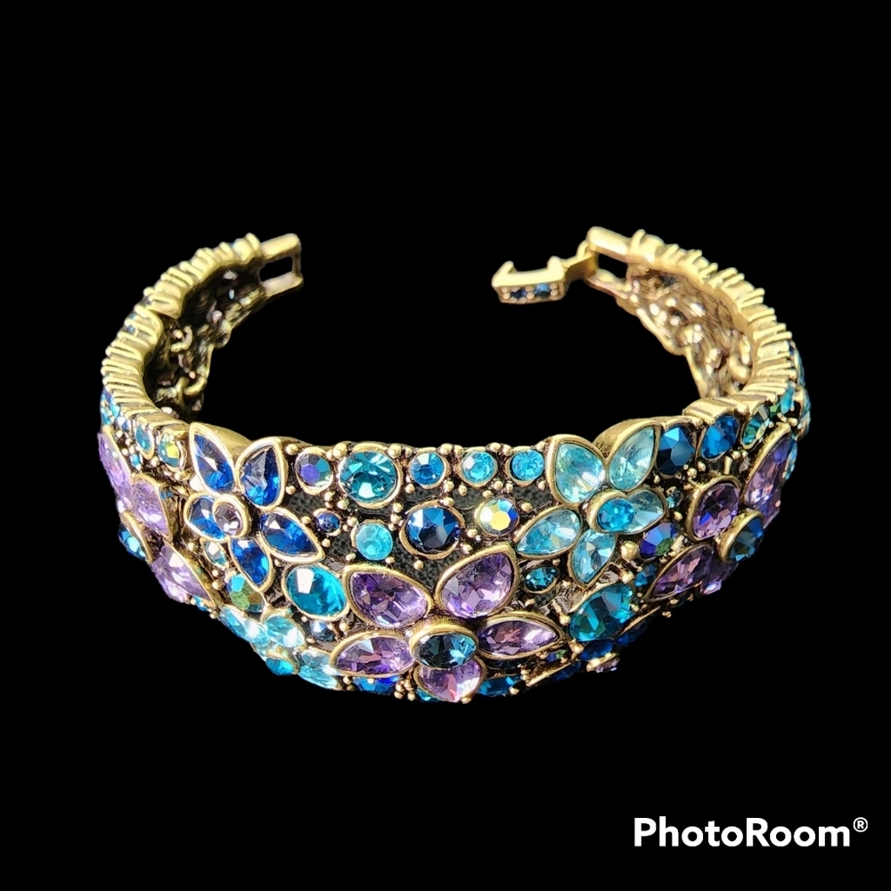 Nib Heidi Daus Multicolored Purple Crystal Hinged Statement Cuff Bracelet Signed 230$